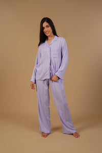 Donna Lilac Stripe Viscose Women's Pajama Set - Full Sleeves