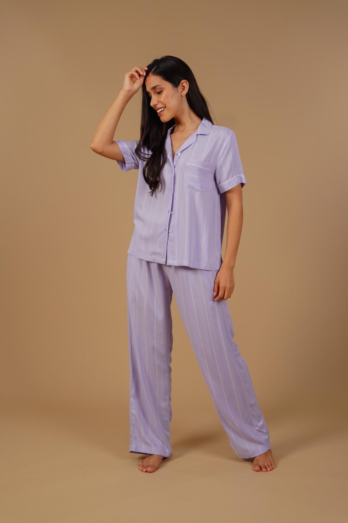 Donna Lilac Stripe Viscose Women's Pajama Set - Half Sleeves