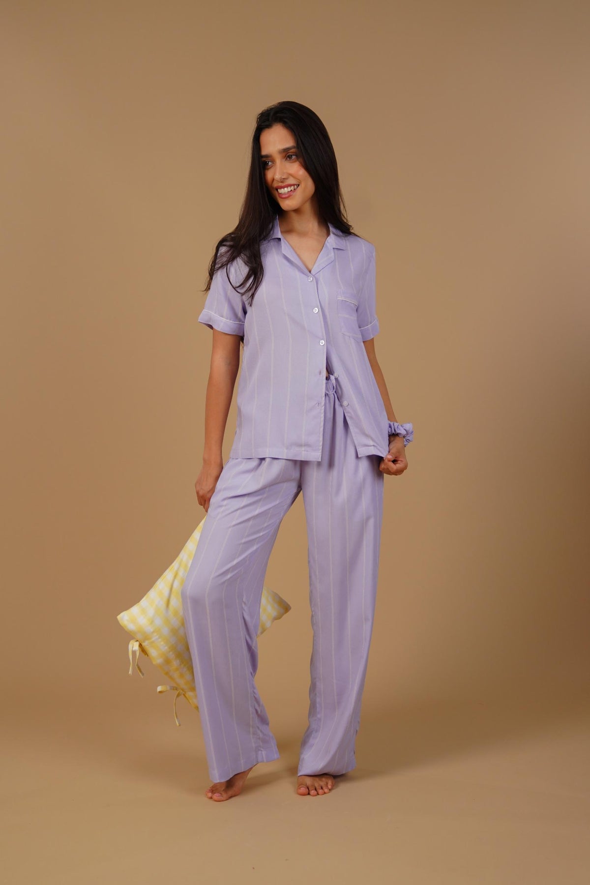Donna Lilac Stripe Viscose Women's Pajama Set - Half Sleeves