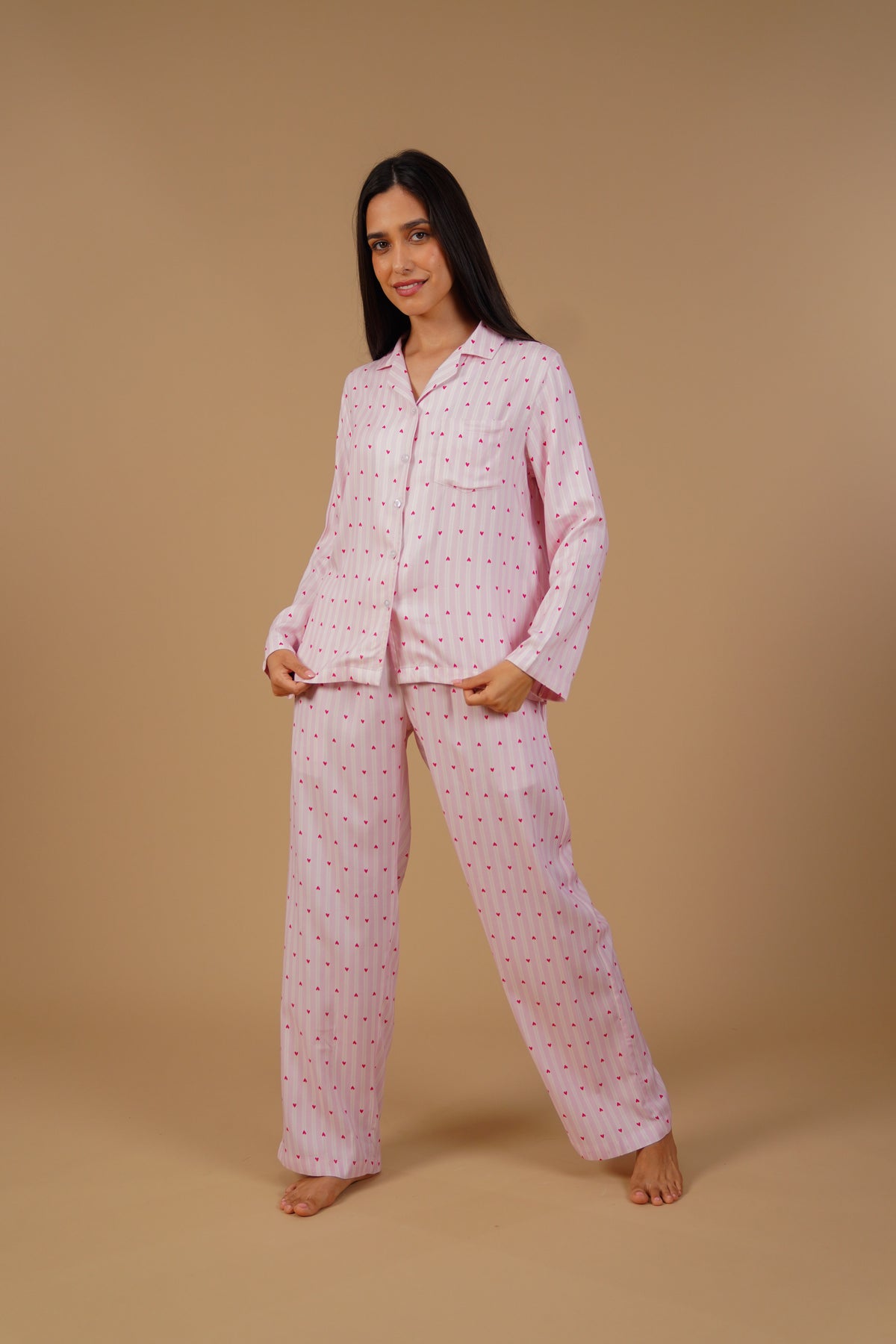 Alice Heart Printed Viscose Twill Women's Pajama Set - Full Sleeves