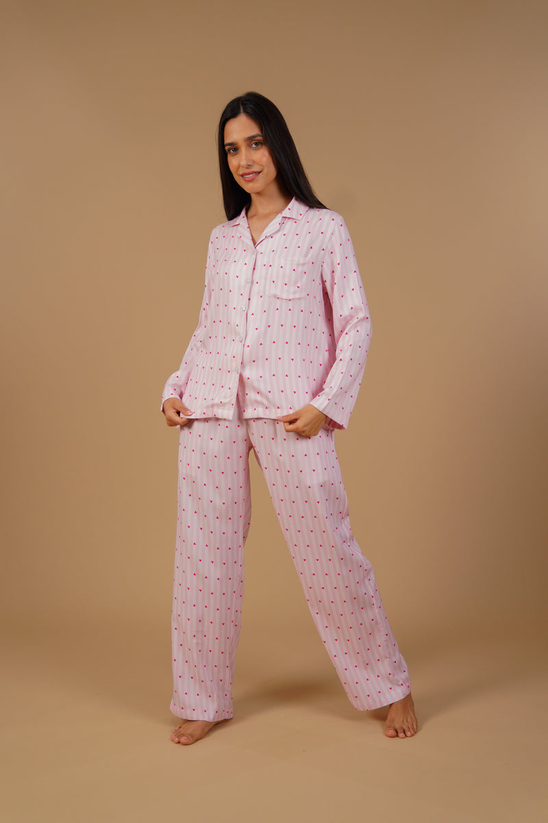 Alice Heart Printed Viscose Twill Women's Pajama Set - Full Sleeves