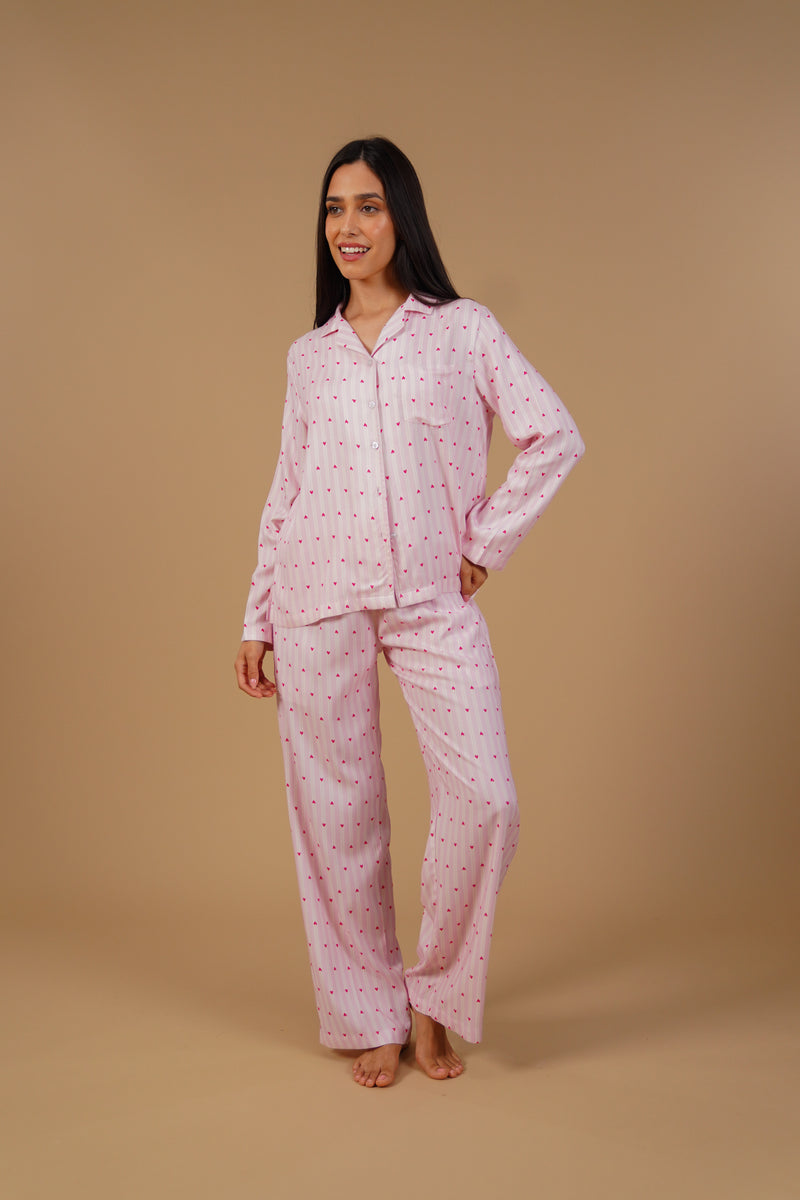 Alice Heart Printed Viscose Twill Women's Pajama Set - Full Sleeves