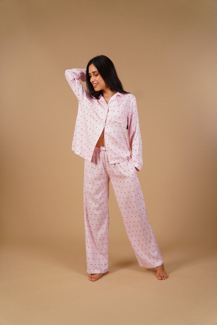 Alice Heart Printed Viscose Twill Women's Pajama Set - Full Sleeves