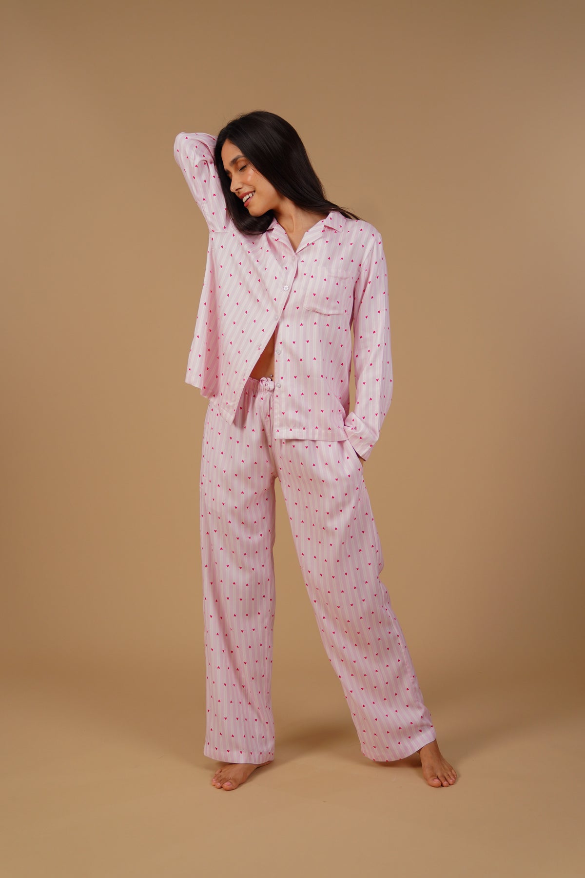 Alice Heart Printed Viscose Twill Women's Pajama Set - Full Sleeves