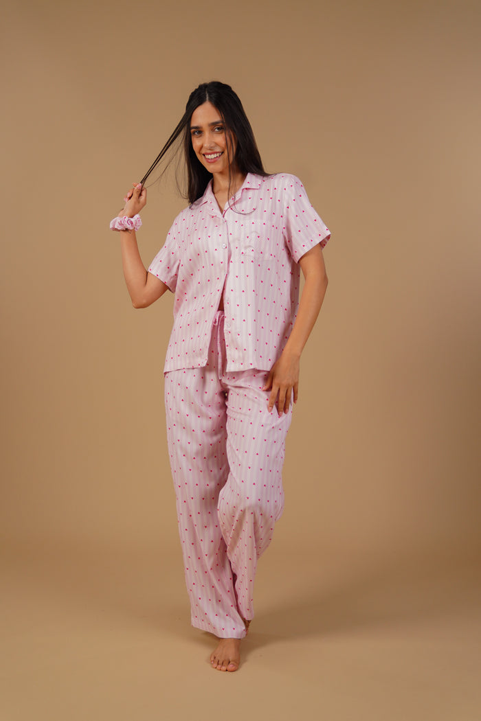 Alice Heart Printed Viscose Twill Women's Pajama Set - Half Sleeves