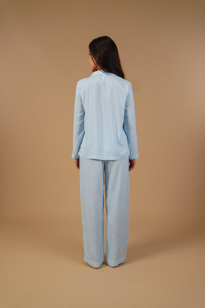 Seaside Blue Printed Viscose Women's Pajama Set - Full Sleeves