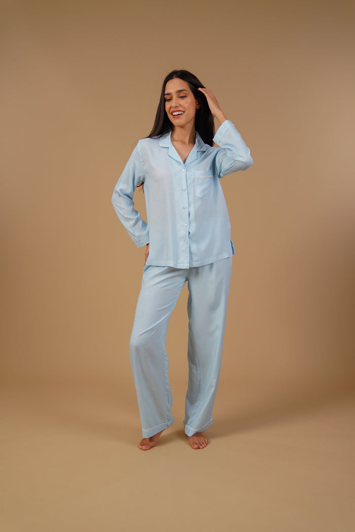 Seaside Blue Printed Viscose Women's Pajama Set - Full Sleeves