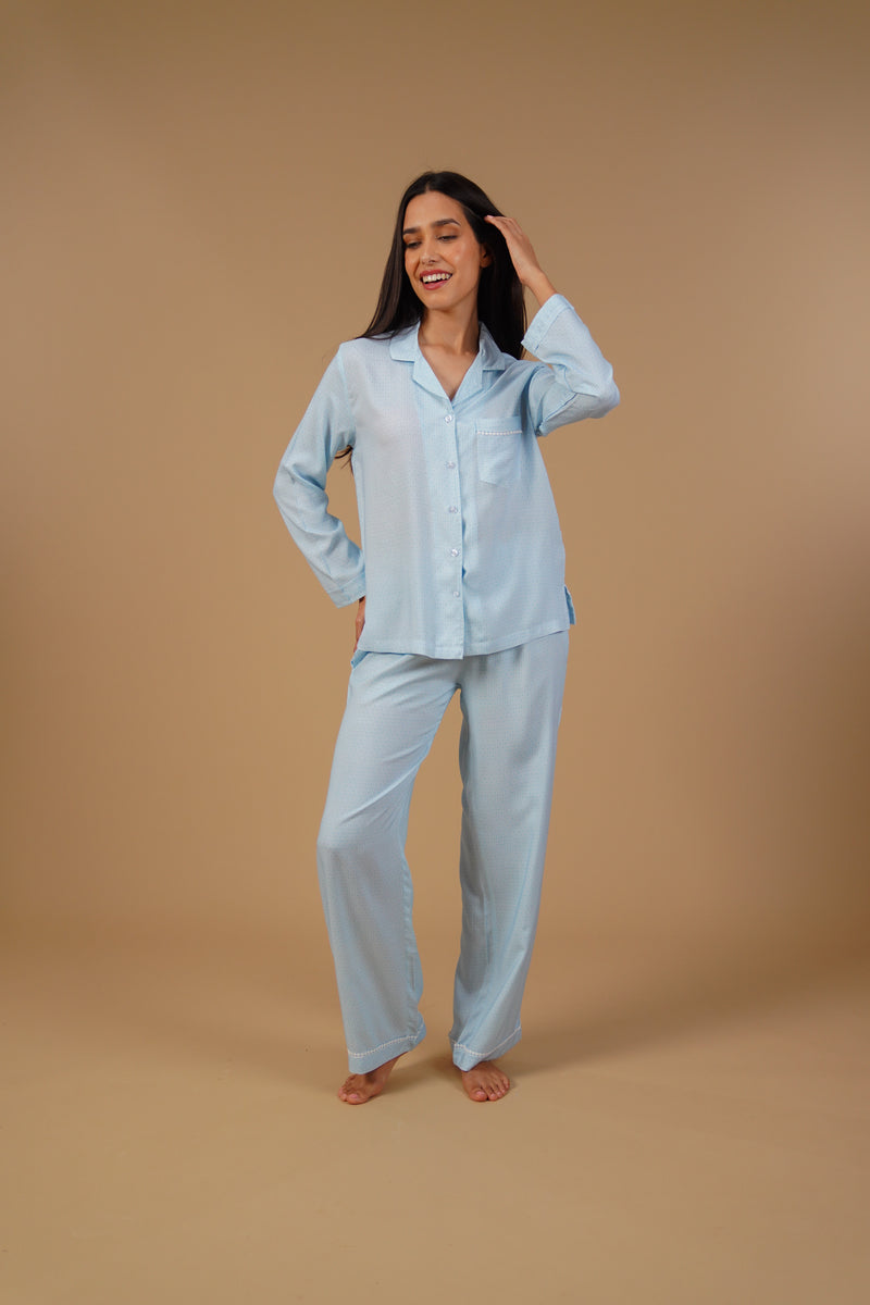Seaside Blue Printed Viscose Women's Pajama Set - Full Sleeves
