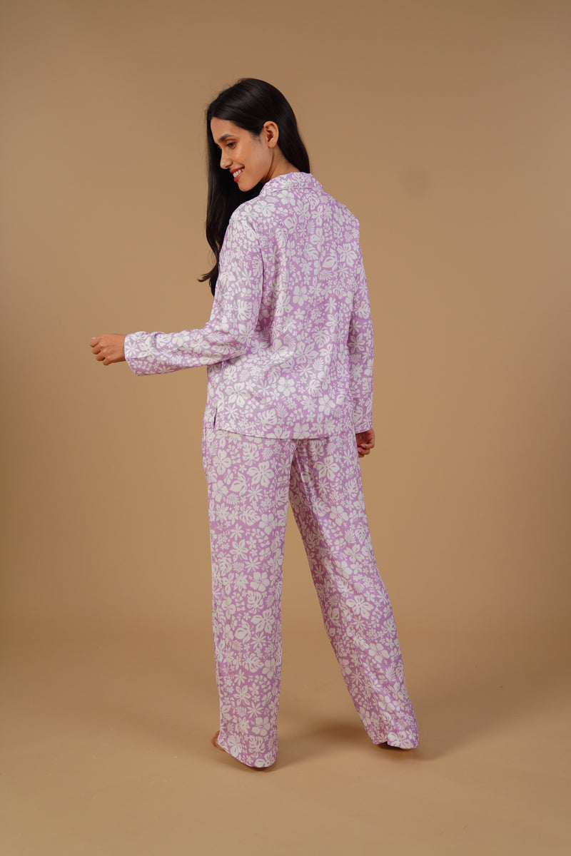 Lilac Bella Printed Cotton Blend Women's  Pajama Set- Full Sleeves