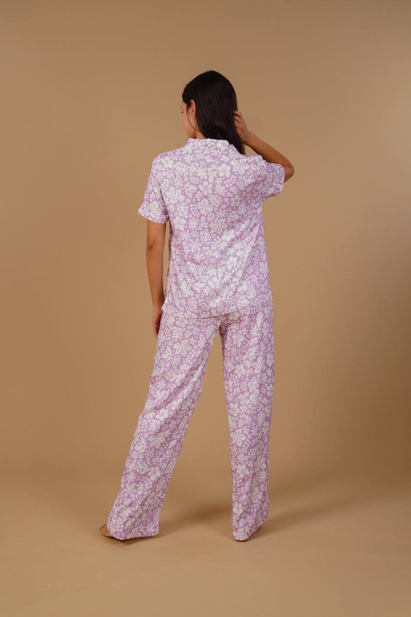 Lilac Bella Printed Cotton Blend Women's  Pajama Set- Half Sleeves