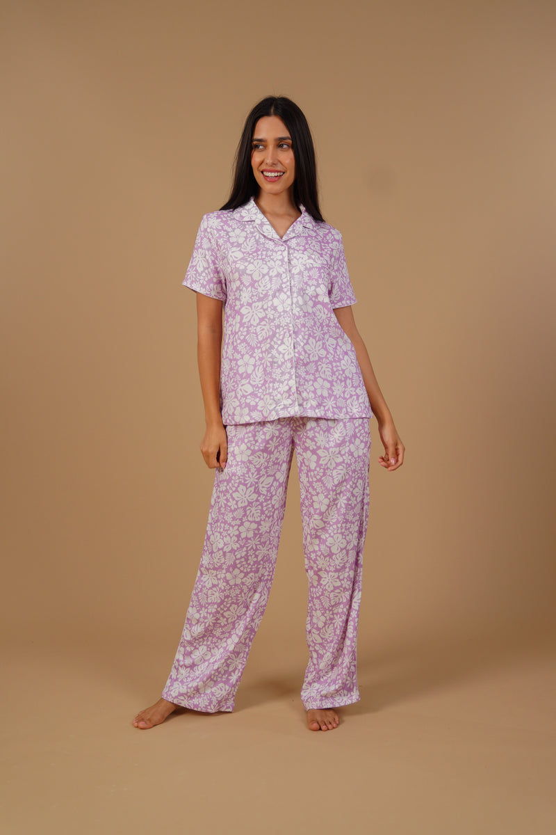 Lilac Bella Printed Cotton Blend Women's  Pajama Set- Half Sleeves