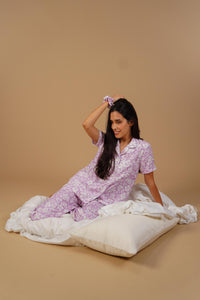 Lilac Bella Printed Cotton Blend Women's  Pajama Set- Half Sleeves