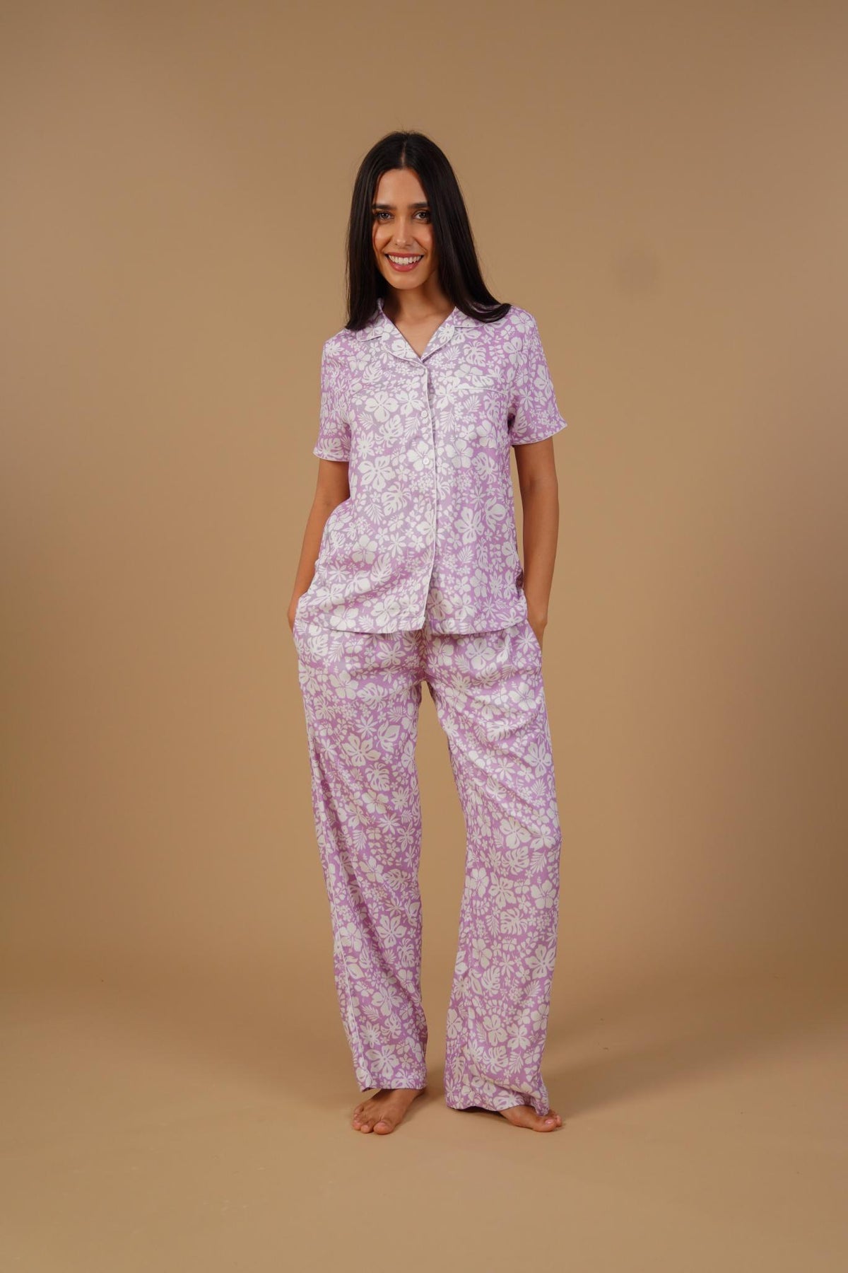 Lilac Bella Printed Cotton Blend Women's  Pajama Set- Half Sleeves