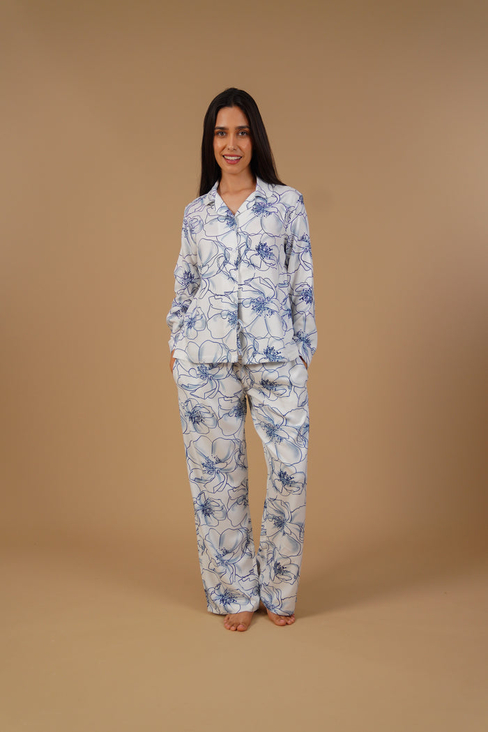 Grace White Floral Women's Pajama Set- Full sleeves
