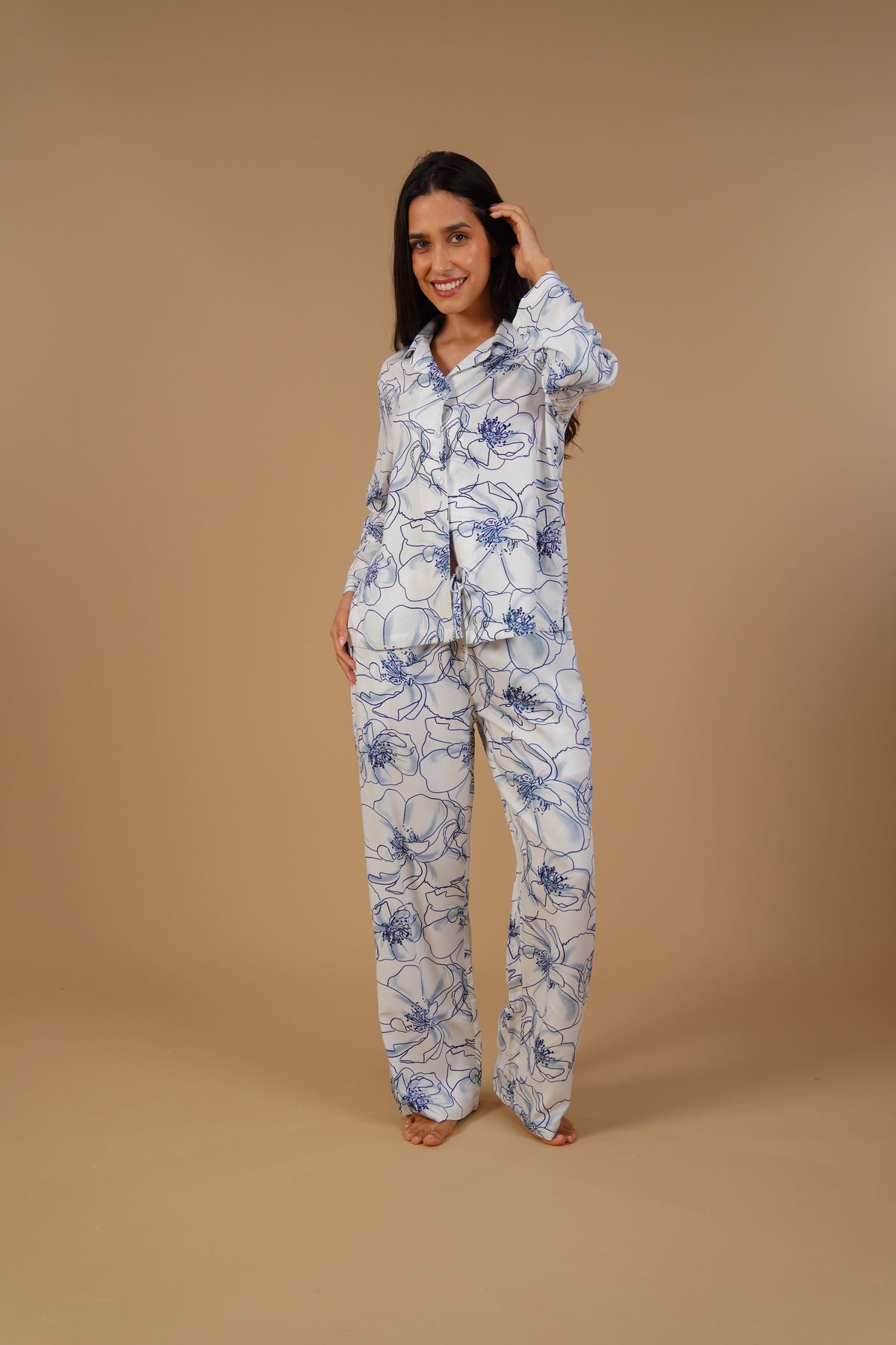 Grace White Floral Women's Pajama Set- Full sleeves