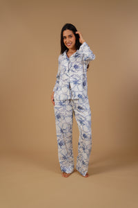 Grace White Floral Women's Pajama Set- Full sleeves