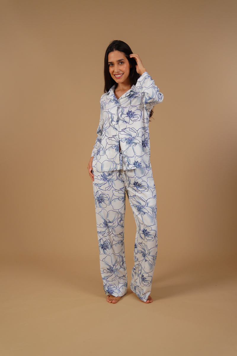 Grace White Floral Women's Pajama Set- Full sleeves