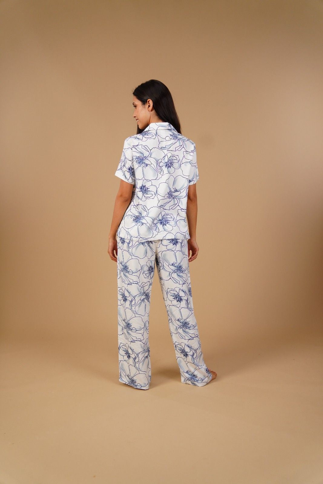 Grace White Floral Printed Viscose Twill Women's Pajama Set - Half Sleeves