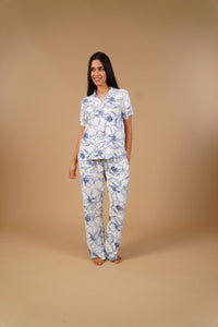 Grace White Floral Printed Viscose Twill Women's Pajama Set - Half Sleeves