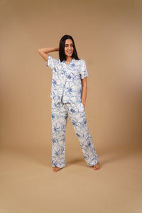 Grace White Floral Printed Viscose Twill Women's Pajama Set - Half Sleeves