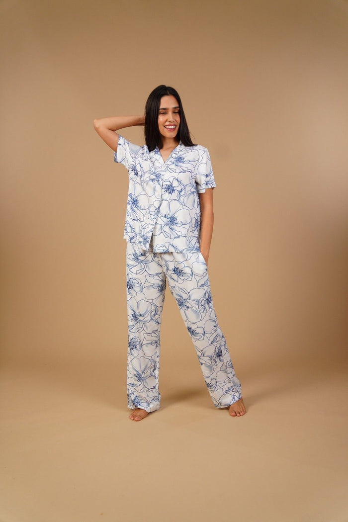 Grace White Floral Printed Viscose Twill Women's Pajama Set - Half Sleeves