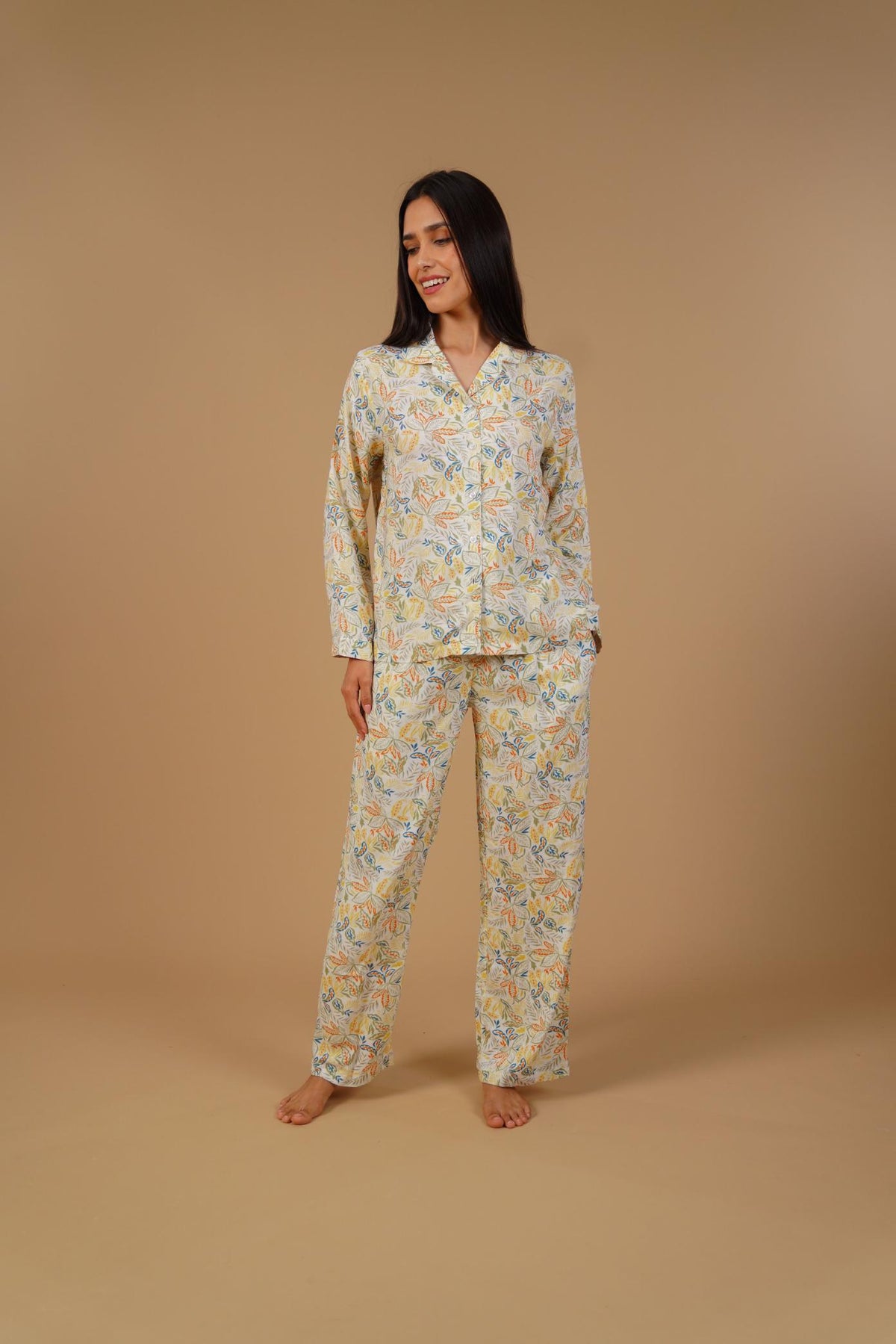 Autumn Garden Printed Cotton Blend Women's Pajama Set- Full Sleeves