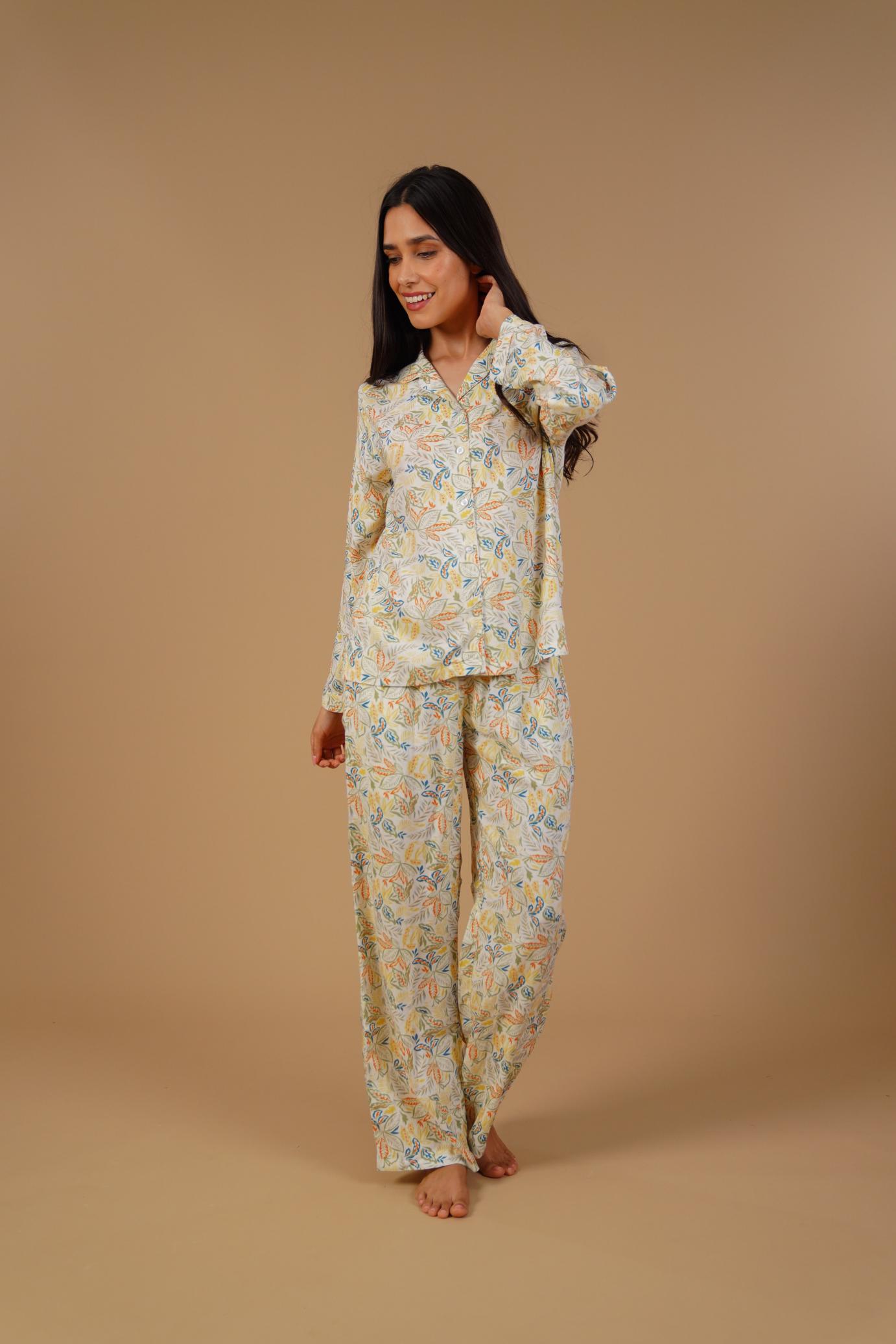 Autumn Garden Printed Cotton Blend Women's Pajama Set- Full Sleeves