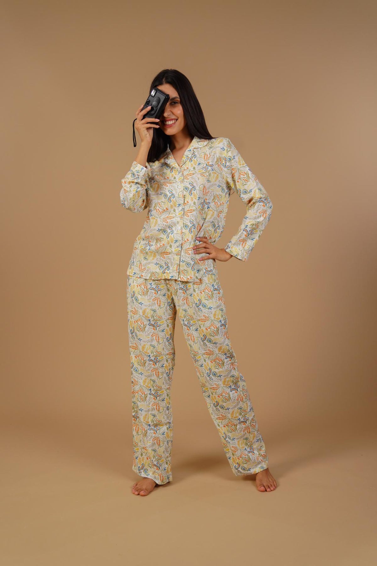 Autumn Garden Printed Cotton Blend Women's Pajama Set- Full Sleeves