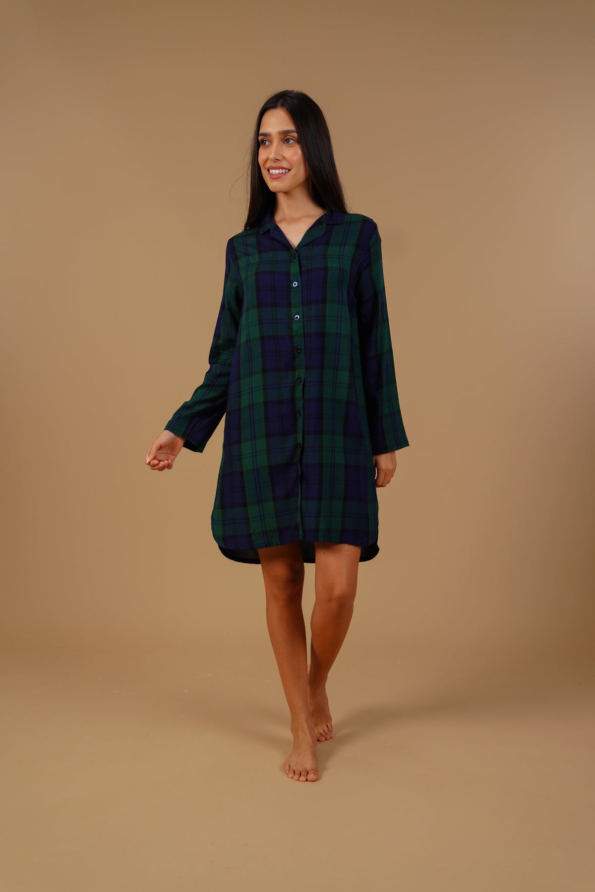 Emerald Check Cotton Blend Women's Shirt Dress - Full Sleeves