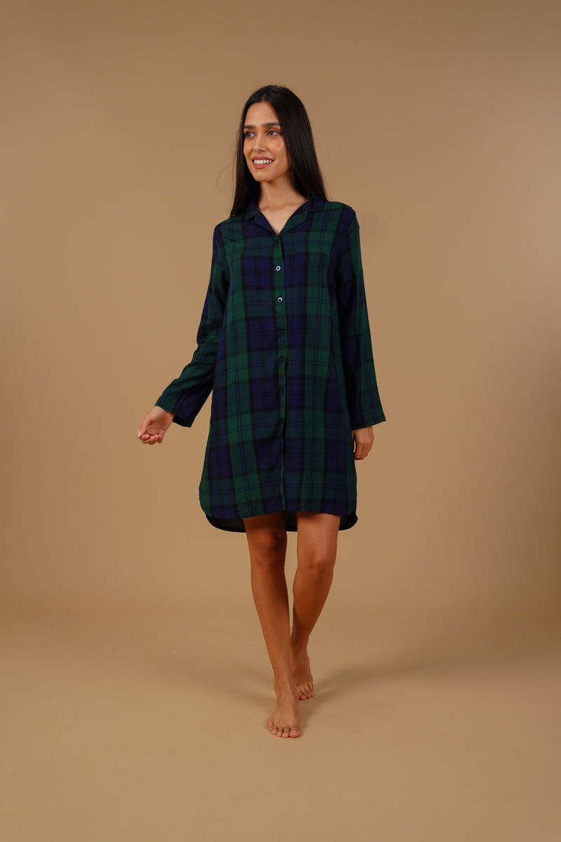 Emerald Check Cotton Blend Women's Shirt Dress - Full Sleeves