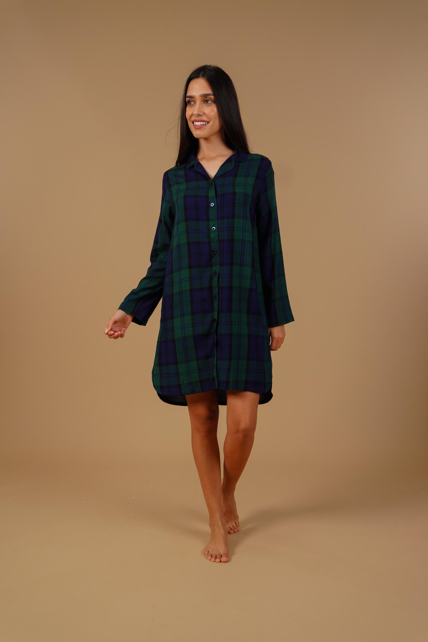 Emerald Check Cotton Blend Women's Shirt Dress - Full Sleeves