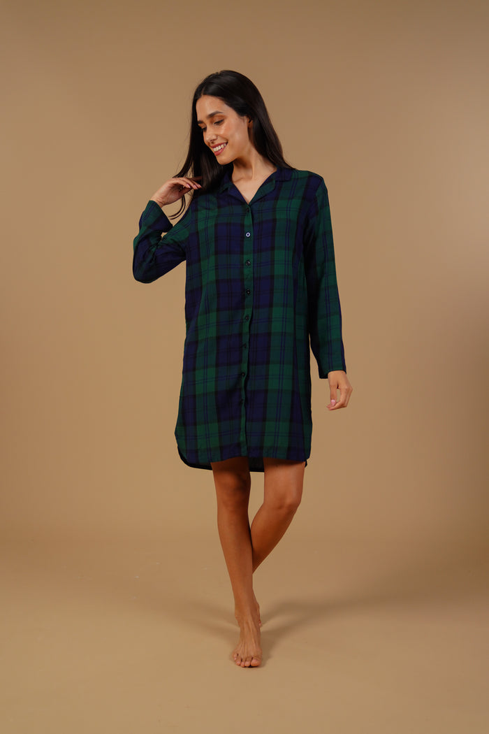 Emerald Check Cotton Blend Women's Shirt Dress - Full Sleeves