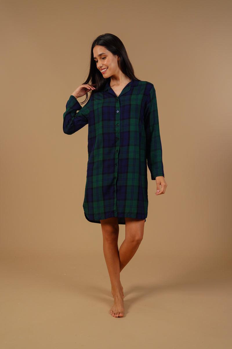 Emerald Check Cotton Blend Women's Shirt Dress - Full Sleeves