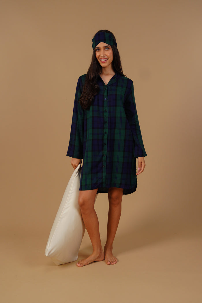Emerald Check Cotton Blend Women's Shirt Dress - Full Sleeves