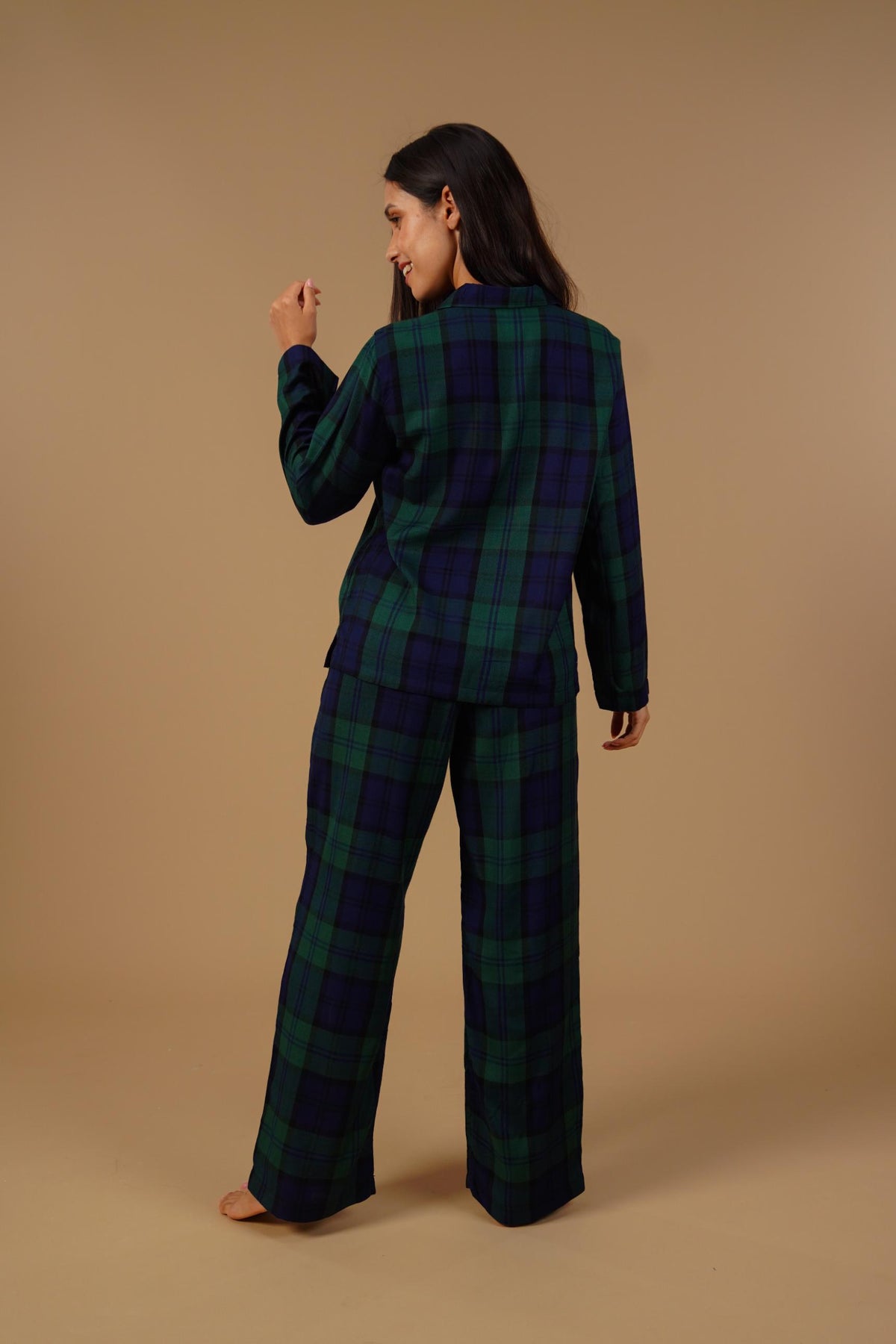 Emerald Check Cotton Blend Women's Pajama Set- Full Sleeves