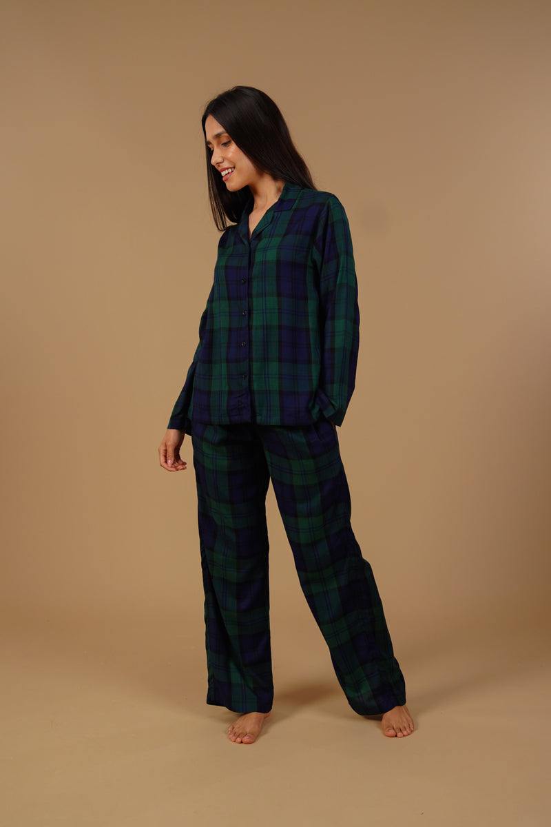 Emerald Check Cotton Blend Women's Pajama Set- Full Sleeves