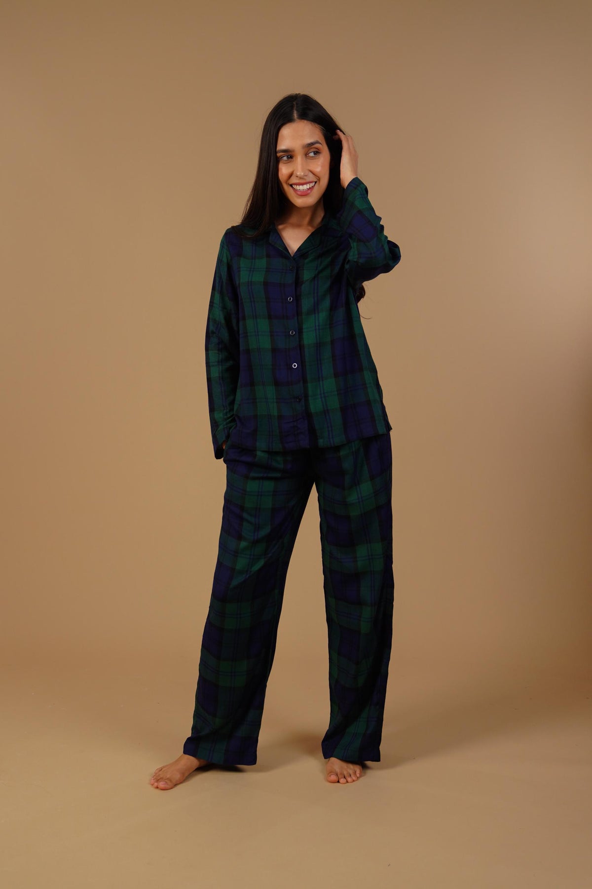 Emerald Check Cotton Blend Women's Pajama Set- Full Sleeves