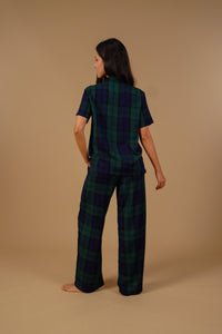 Emerald Check Cotton Blend Women's Pajama Set- Half Sleeves