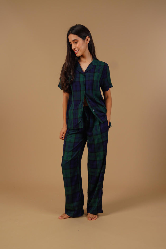 Emerald Check Cotton Blend Women's Pajama Set- Half Sleeves