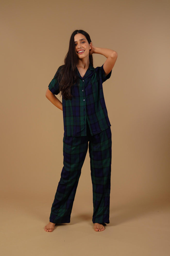 Emerald Check Cotton Blend Women's Pajama Set- Half Sleeves