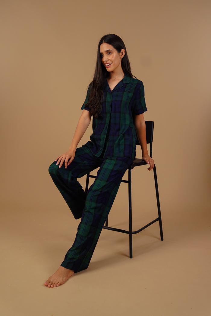 Emerald Check Cotton Blend Women's Pajama Set- Half Sleeves