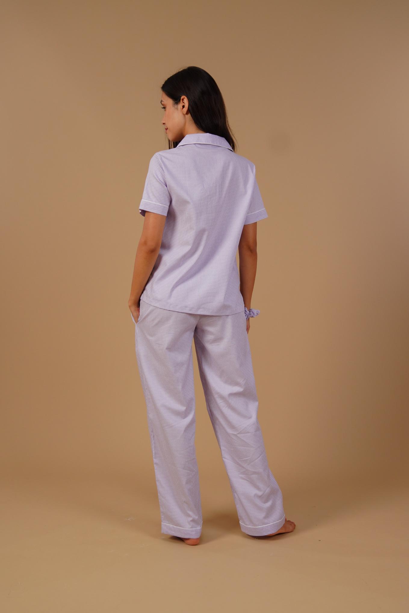 Nora Pin Check Cotton Women's Pajama Set - Half Sleeves