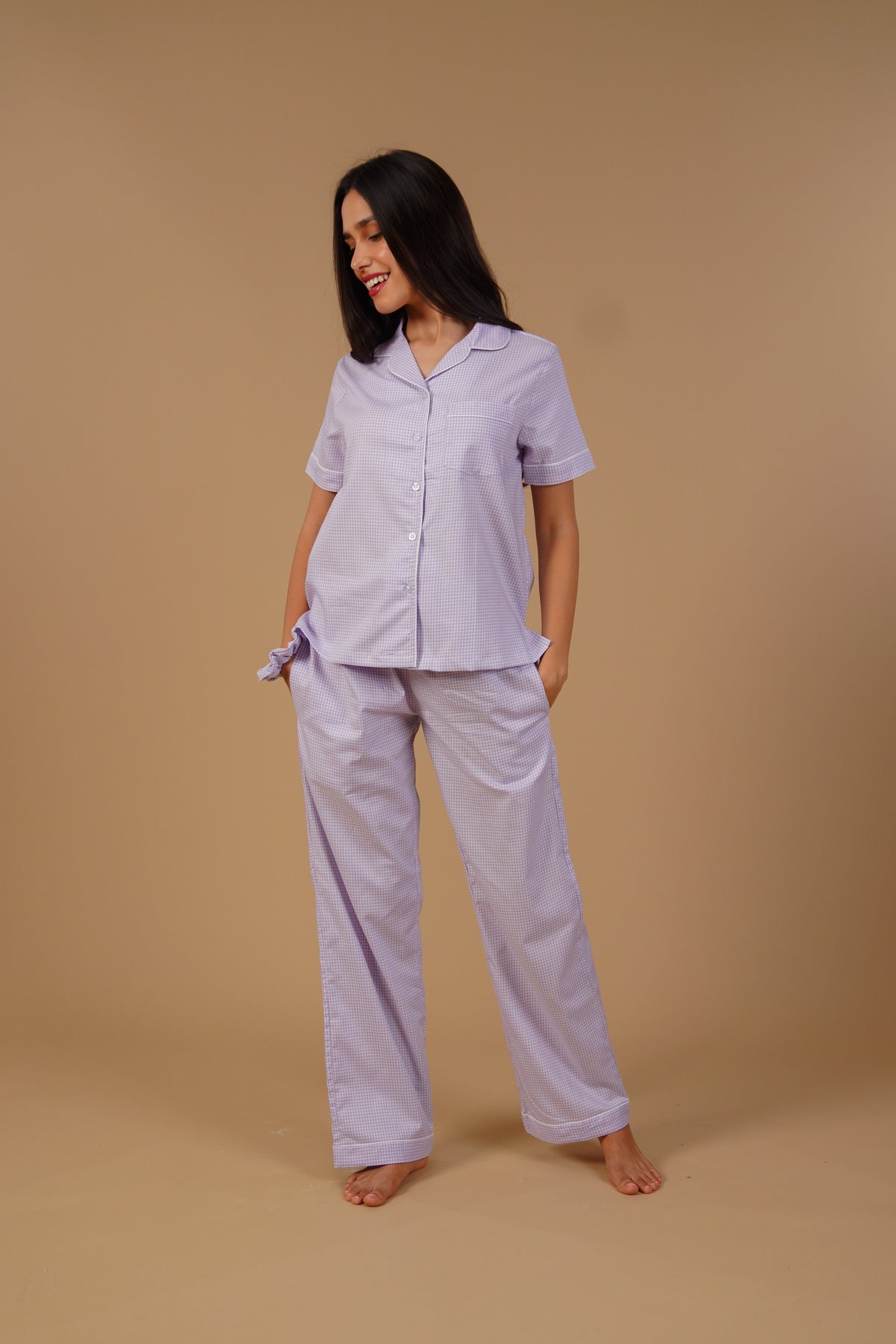 Nora Pin Check Cotton Women's Pajama Set - Half Sleeves