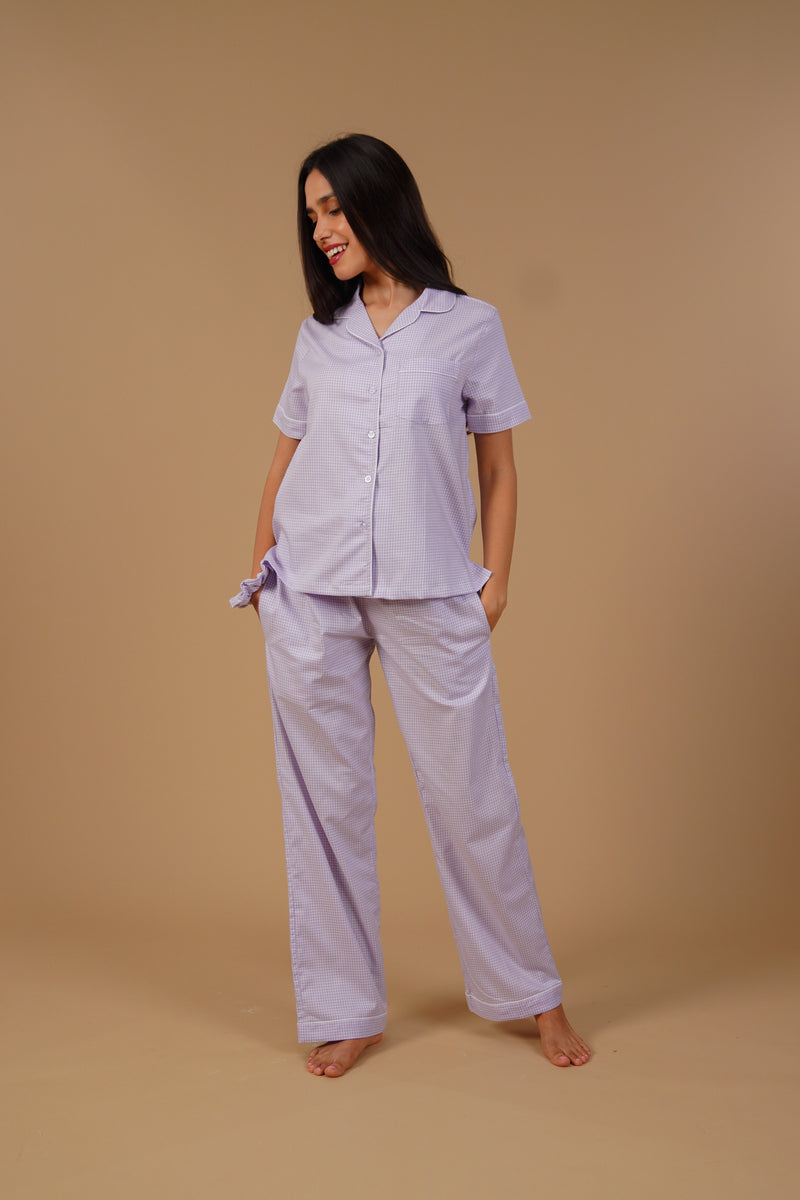 Nora Pin Check Cotton Women's Pajama Set - Half Sleeves