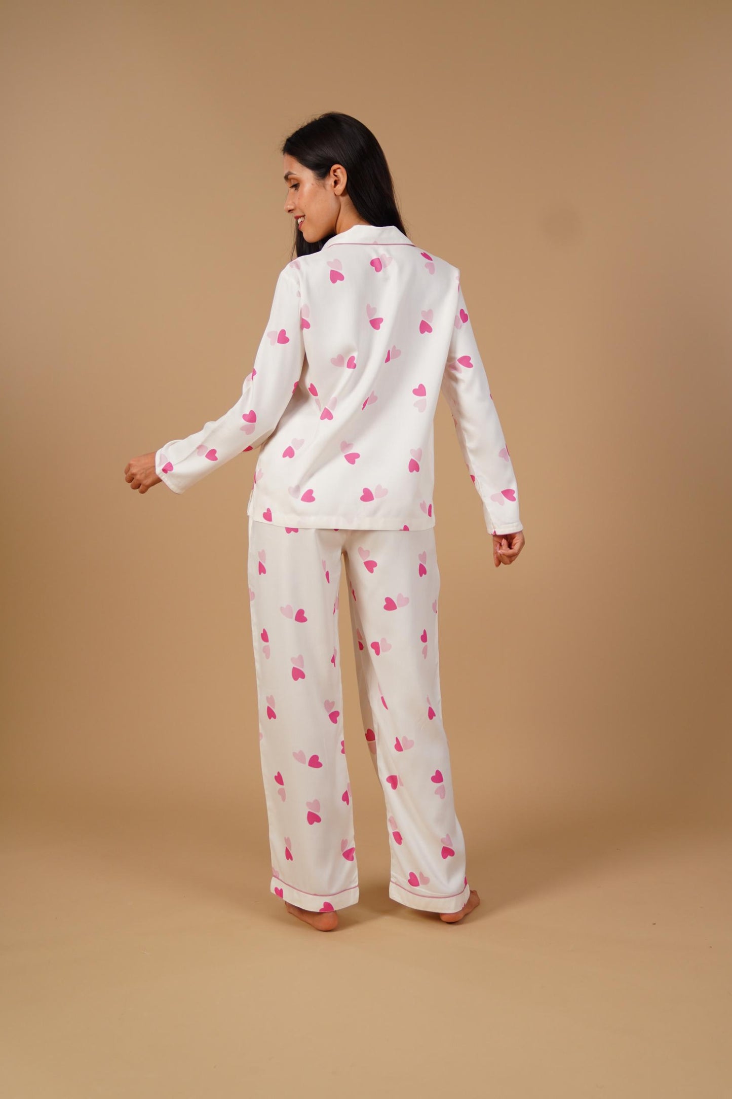 Amy Heart Printed Viscose Twill Women's Pajama Set - Full Sleeves