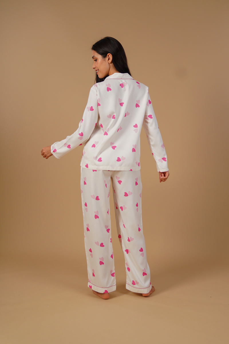 Amy Heart Printed Viscose Twill Women's Pajama Set - Full Sleeves