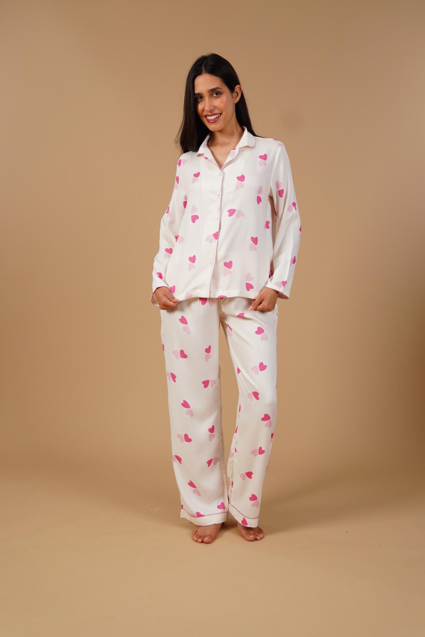 Amy Heart Printed Viscose Twill Women's Pajama Set - Full Sleeves