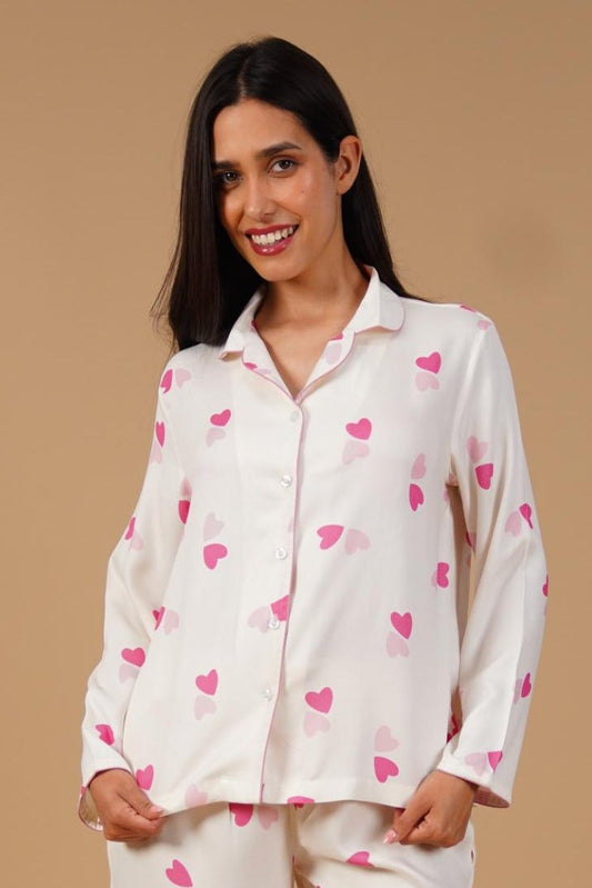 Amy Heart Printed Viscose Twill Women's Pajama Set - Full Sleeves