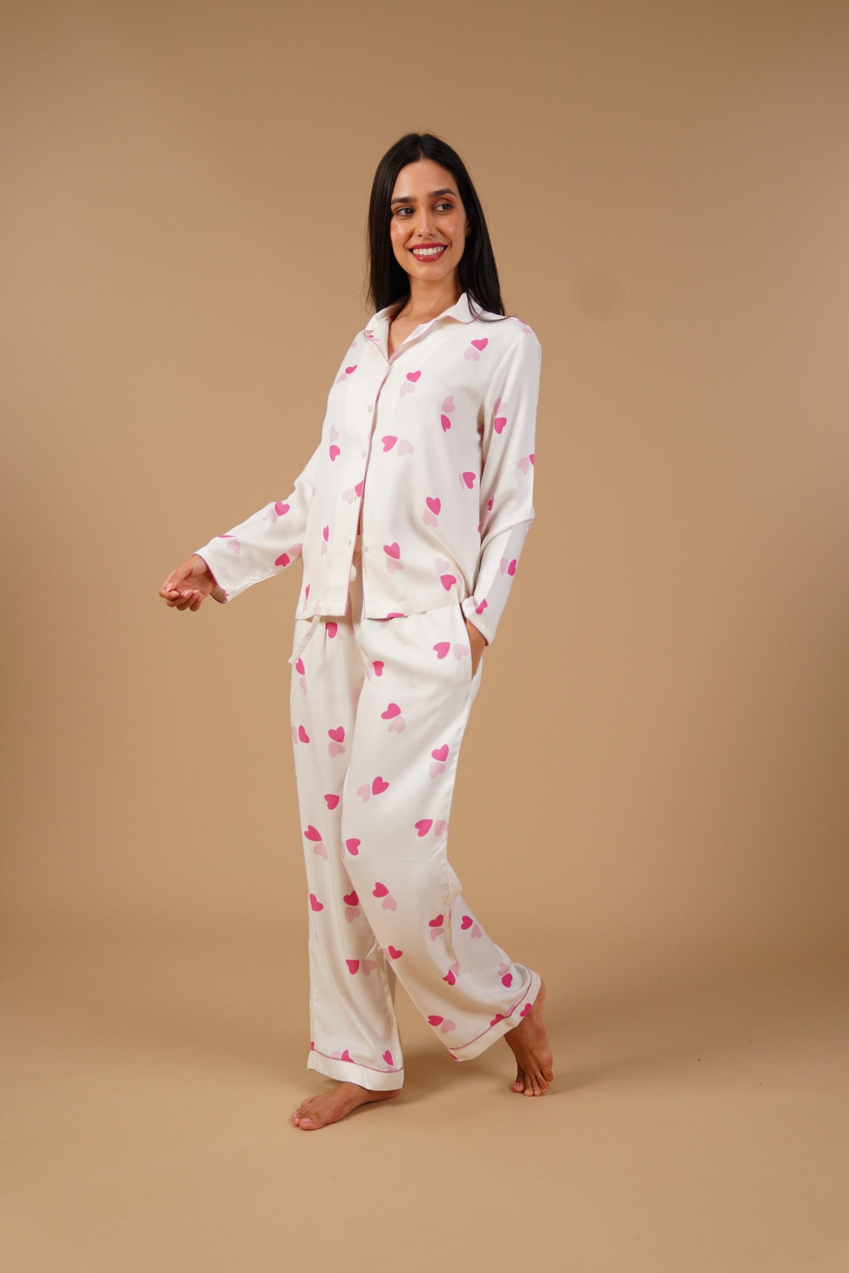 Amy Heart Printed Viscose Twill Women's Pajama Set - Full Sleeves