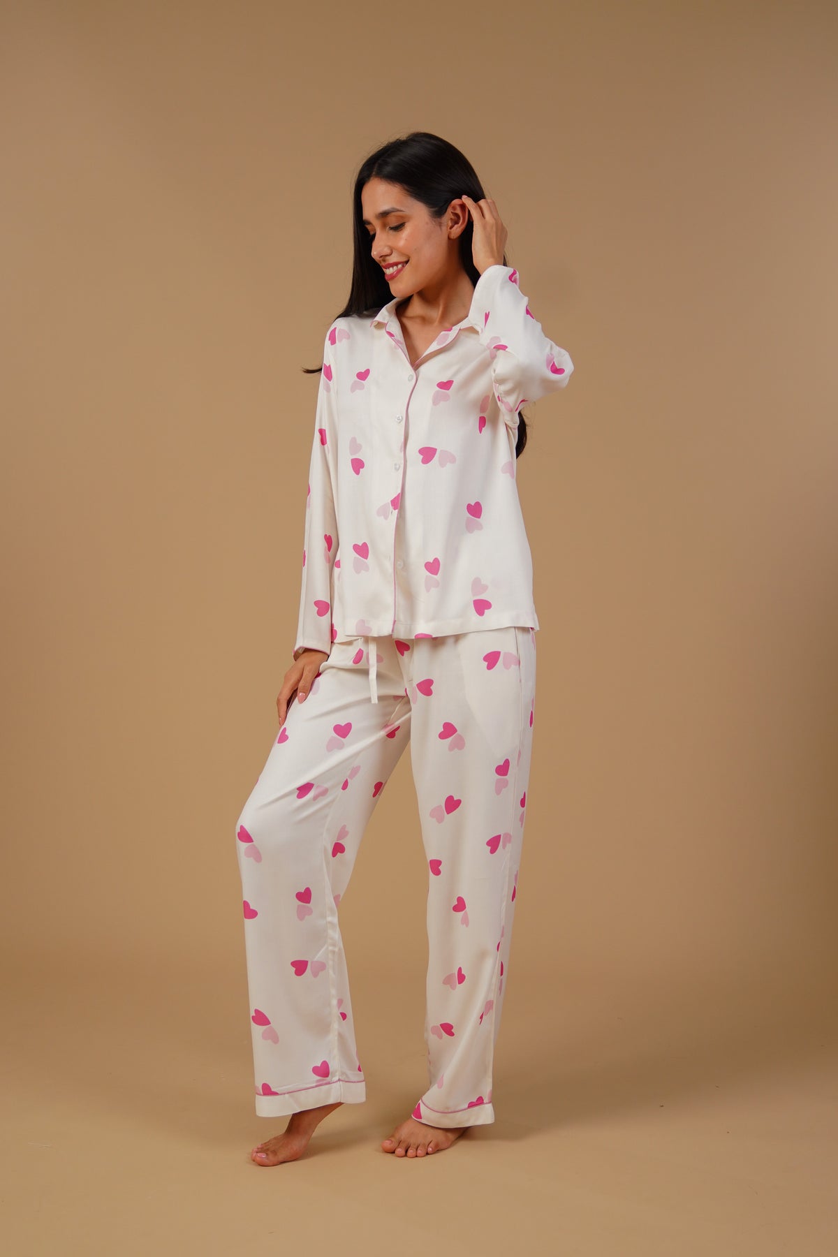 Amy Heart Printed Viscose Twill Women's Pajama Set - Full Sleeves